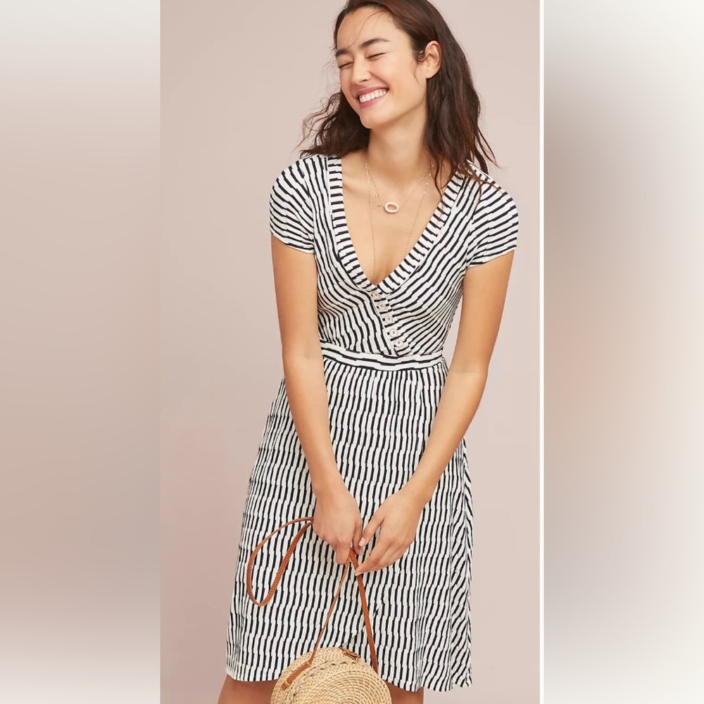 MAEVE ANTHROPOLOGIE Women's Navy White Paladino Faux Wrap Textured A-Line Dress